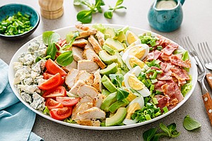 Cobb salad is heavy on protein-rich ingredients like eggs and bacon.
Mandatory Credit:	YelenaYemchuk/iStockphoto/Getty Images via CNN Newsource