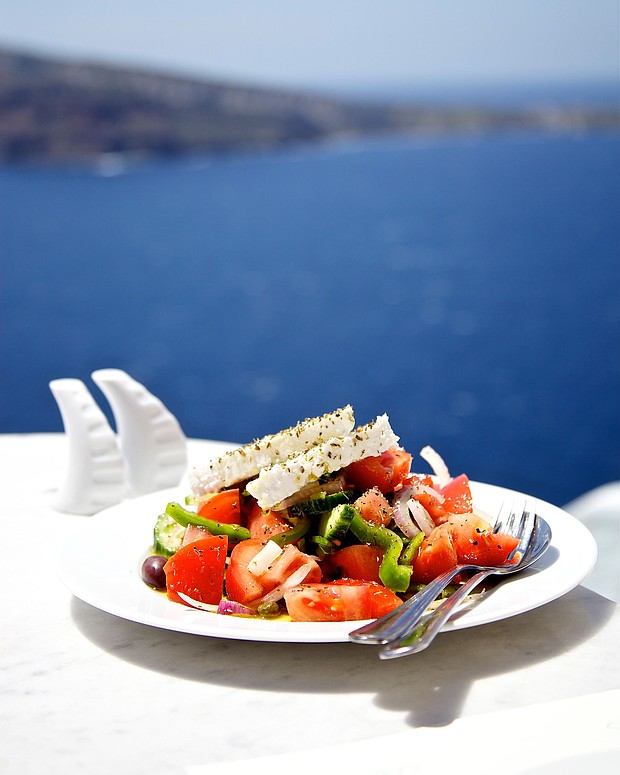Greek salad is known as "village salad" in Greece. It includes tomatoes and a wedge of feta.
Mandatory Credit:	ingwervanille/Moment RF/Getty Images via CNN Newsource