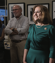 State Sen. Ghazala Hashmi arrives at her primary election night event in Richmond’s Fan District, where supporters await results in the race for the Democratic nomination for Virginia lieutenant governor.