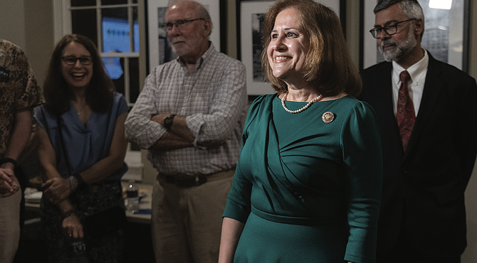State Sen. Ghazala Hashmi arrives at her primary election night event in Richmond’s Fan District, where supporters await results in the race for the Democratic nomination for Virginia lieutenant governor.