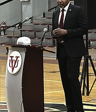 Alico Dunk speaks during his June 13 press conference after being named Virginia Union University’s 10th women’s basketball coach. Dunk comes to VUU after eight successful seasons at Stillman College, where he compiled 112 wins.