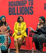 UrbanGeekz founder and CEO Kunbi Tinuoye moderating the 'Founders Firsts Masterclass’ at the 9th Annual Roadmap To Billions New York Conference with panelists Mita Carriman and Esosa Ighodaro: photo courtesy of UrbanGeekz.