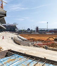 A view from first base at CarMax Park, the future home of the Richmond Flying Squirrels, currently under construction. The Flying Squirrels and Gilbane Building Co. hosted a tour of the
site Wednesday, June 25, as the team began offering 2026 season memberships.