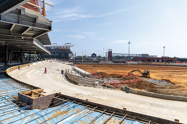 A view from first base at CarMax Park, the future home of the Richmond Flying Squirrels, currently under construction. The Flying Squirrels and Gilbane Building Co. hosted a tour of the
site Wednesday, June 25, as the team began offering 2026 season memberships.