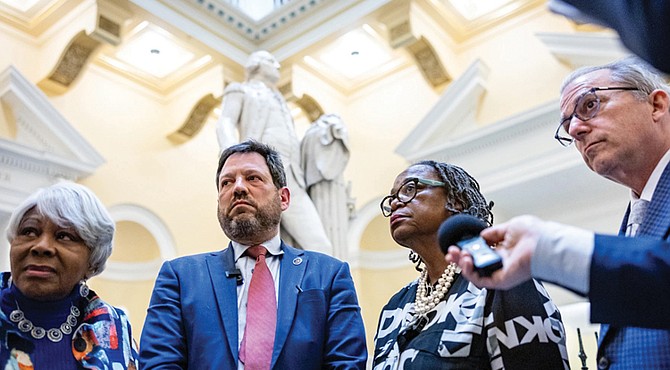 Sen. Louise Lucas, D-Portsmouth, answers questions along with Sen. Scott Surovell, D-Fairfax, Sen. Mamie Locke, D-Hampton and Sen. Adam Ebbin, D-Alexandria, April 2 at the State Capitol.