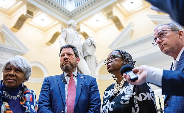 Sen. Louise Lucas, D-Portsmouth, answers questions along with Sen. Scott Surovell, D-Fairfax, Sen. Mamie Locke, D-Hampton and Sen. Adam Ebbin, D-Alexandria, April 2 at the State Capitol.