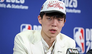 Yang Hansen speaks to the media after being drafted 16th oveall by the Memphis Grizzlies then traded to the Portland Trail Blazers during the 2025 NBA Draft.
Mandatory Credit:	Mike Lawrie/Getty Images via CNN Newsource
