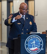 Assistant Fire Chief Jeffrey Segal speaks during the grand opening of the newly constructed Fire Station 12, the Richmond Fire Department’s oldest operating station, on Wednesday, June 25, at 2223 W. Cary St.