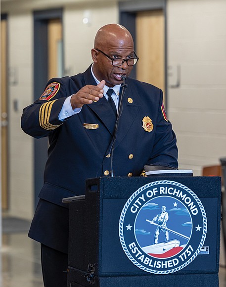 Assistant Fire Chief Jeffrey Segal speaks during the grand opening of the newly constructed Fire Station 12, the Richmond Fire Department’s oldest operating station, on Wednesday, June 25, at 2223 W. Cary St.