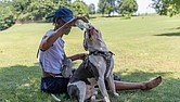 Lakea Lawrence offers her dog Tha Carter water while cooling off in the shade near Brown’s Island on Tuesday, June 24, as temperatures neared 100 degrees.