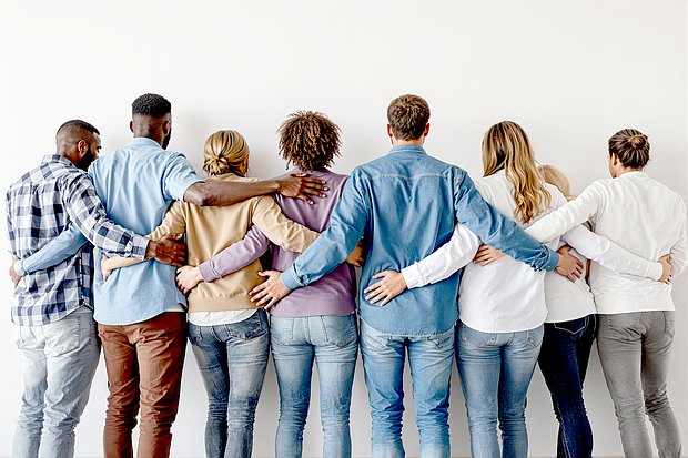 A diverse group of individuals standing together, showing unity and support, on a plain background. Ai generative