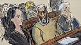 In this courtroom sketch, flanked by defense attorneys Teny Geragos, left, and Brian Steel, right, Sean “Diddy” Combs, center, reacts after he was denied bail on prostitution-related offenses, Wednesday, July 2, in Manhattan federal court in New York.