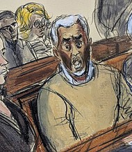 In this courtroom sketch, flanked by defense attorneys Teny Geragos, left, and Brian Steel, right, Sean “Diddy” Combs, center, reacts after he was denied bail on prostitution-related offenses, Wednesday, July 2, in Manhattan federal court in New York.