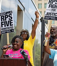 Kimya Williams speaks on behalf of the “RPS Five” during a press conference outside Richmond City Hall. The five bus drivers were fired on April 25 after call-outs disrupted afterschool activities. They return to work under a new three-year collective bargaining agreement between Richmond Public Schools and LIUNA Local 804.