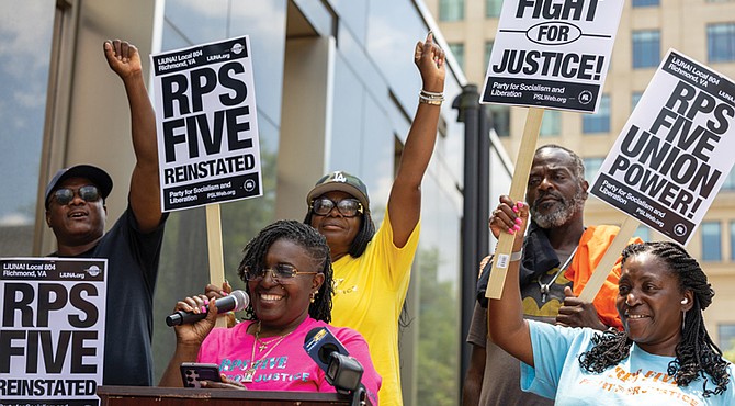 Kimya Williams speaks on behalf of the “RPS Five” during a press conference outside Richmond City Hall. The five bus drivers were fired on April 25 after call-outs disrupted afterschool activities. They return to work under a new three-year collective bargaining agreement between Richmond Public Schools and LIUNA Local 804.