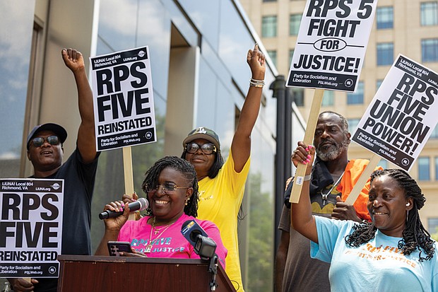 Kimya Williams speaks on behalf of the “RPS Five” during a press conference outside Richmond City Hall. The five bus drivers were fired on April 25 after call-outs disrupted afterschool activities. They return to work under a new three-year collective bargaining agreement between Richmond Public Schools and LIUNA Local 804.