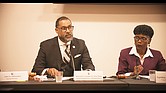 Henrico County Board Vice Chair Roscoe D. Cooper III speaks as he and Richmond City Council President Cynthia Newbille, right, co-chair a meeting Monday on the region’s drinking water system.