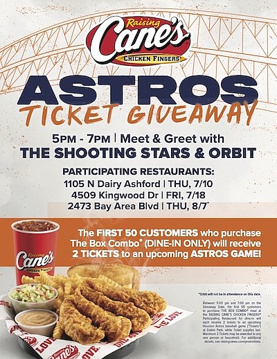 Score Astros tickets and meet Orbit while enjoying your favorite chicken fingers at Raising Cane’s!
