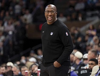 Former Sacramento Kings head coach Mike Brown is pictured in the first half of an NBA preseason basketball game against the Utah Jazz, Oct. 15, 2024, in Salt Lake City.