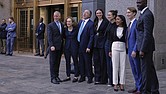 Defense attorneys for Sean “Diddy” Combs, including from left, Brian Steel, Alexandra Shapiro, Marc Agnifilo and Teny Garagos, Anna Estevao, Nicole Westmoreland, Jason Driscoll and Xavier Donaldson, far right, line up for a group photo outside Manhattan federal court after Sean “Diddy” Combs was denied bail after being convicted of prostitution-related offenses but acquitted of sex trafficking and racketeering charges, Wednesday, July 2 in New York.
