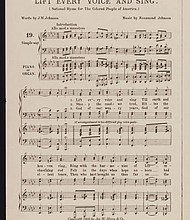 The first page of sheet music for “Lift Every Voice and Sing,” with lyrics by James Weldon Johnson.