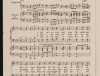 The first page of sheet music for “Lift Every Voice and Sing,” with lyrics by James Weldon Johnson.