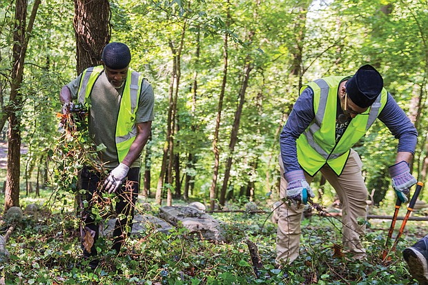 Members of the Ahmadiyya Muslim Community gathered Thursday, July 3, for a day of service as part of Jalsa Cares, a lead-in to the group’s 75th annual Jalsa Salana convention held July 4-6 in Richmond. Kaleem Wali, left, and Amjad Mahmood Khan, right, began the day at
East End Cemetery, clearing overgrown weeds and invasive plants to
reveal long-neglected gravesites.