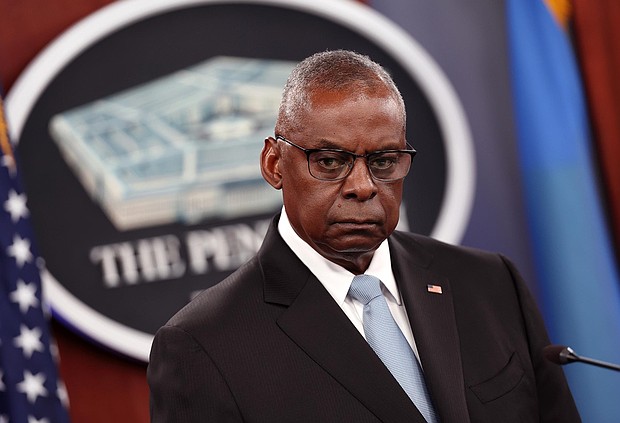 Then Secretary of Defense Lloyd Austin holds a joint press conference following a meeting of the Ukraine Defense Contact Group at the Pentagon on May 20, 2024 in Arlington, Virginia.
Mandatory Credit:	Kevin Dietsch/Getty Images via CNN Newsource