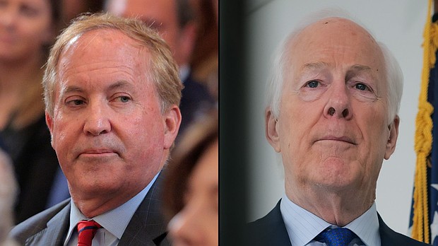 (L-R): Texas Attorney General Ken Paxton, US Senator John Cornyn are pictured in a split image.
Mandatory Credit:	Chip Somodevilla/Kayla Bartkowski/Getty Images via CNN Newsource