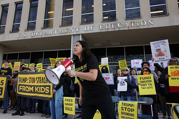 Demonstrators gather outside the offices of the U.S. Department of Education in Washington, D.C., on March 13 to protest against mass layoffs and budget cuts at the agency, initiated by the Trump administration and DOGE.
Mandatory Credit:	Bryan Dozier/AFP via Getty Images via CNN Newsource