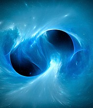 An illustration of black holes merging in space. Astronomers have observed the largest ever such event using physical properties predicted by Einstein in 1915.
Mandatory Credit:	Sakkmesterke/Science Photo Library RF/Getty Images via CNN Newsource