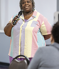 The Rev. Dr. Lacette Cross, executive director of Diversity Richmond, speaks during a community town hall on Tuesday, July 15. The event was organized in response to employee Danni Worthy-Mays’ public accusations of sexual harassment and racism by a coworker.