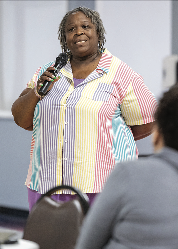 The Rev. Dr. Lacette Cross, executive director of Diversity Richmond, speaks during a community town hall on Tuesday, July 15. The event was organized in response to employee Danni Worthy-Mays’ public accusations of sexual harassment and racism by a coworker.