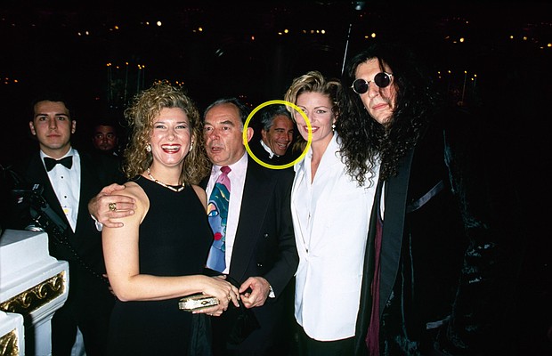 Alison Stern, Robin Leach, Jeffrey Epstein, Cecilia Nord and Howard Stern are seen at Donald Trump’s wedding to Marla Maples in New York in December 1993. Note: CNN has highlighted a portion of this photo to more clearly identify Epstein in the picture.
Mandatory Credit:	DMI/The LIFE Picture Collection/Shutterstock via CNN Newsource