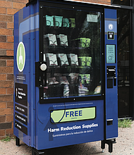 One of the harm reduction vending machines installed by the City of Richmond’s Office of Opioid and Substance Use Response at Marshall Plaza, 900 East Marshall Street. The machines provide free, anonymous access to naloxone, fentanyl test strips and other supplies to help prevent overdoses and connect residents to support services.