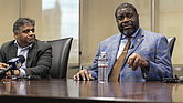 Richmond Mayor Danny Avula and Chief Administrative Officer Odie Donald speak with members of the press Monday, July 21, following Donald’s first weeks in the role.
