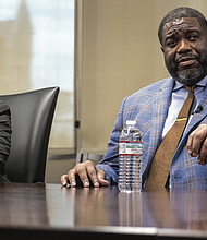 Richmond Mayor Danny Avula and Chief Administrative Officer Odie Donald speak with members of the press Monday, July 21, following Donald’s first weeks in the role.