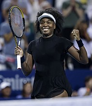 Venus Williams celebrates after beating Peyton Stearns.
Mandatory Credit:	Scott Taetsch/Getty Images via CNN Newsource
