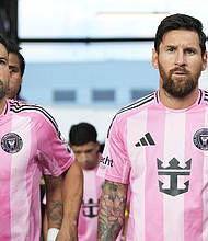 Inter Miami star Lionel Messi (right) and teammate Jordi Alba (left) enter the pitch during an MLS match against FC Cincinnati on July 16.  MLS announced on July 25 that Messi and Alba will be suspended for the team’s next game against FC Cincinnati on Saturday.
Mandatory Credit:	Jeff Dean/Getty Images via CNN Newsource