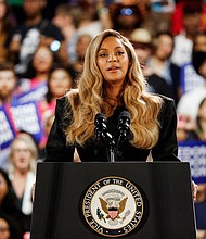 Singer Beyonce speaks during a campaign rally of Democratic presidential nominee U.S. Vice President Kamala Harris, in Houston, Texas on October 25, 2024.
Mandatory Credit:	Marco Bello/Reuters via CNN Newsource