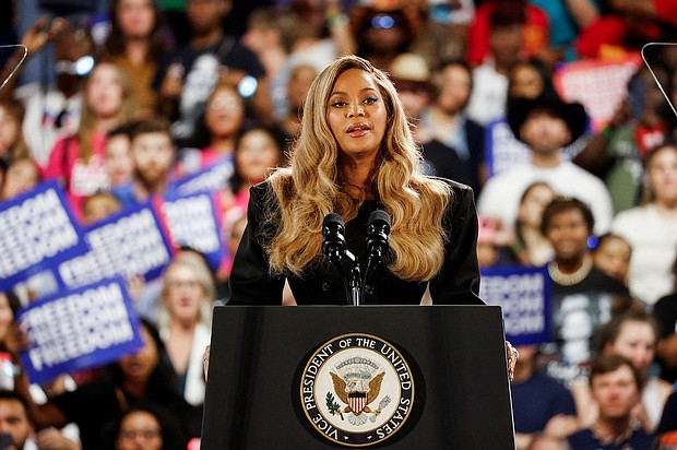 Singer Beyonce speaks during a campaign rally of Democratic presidential nominee U.S. Vice President Kamala Harris, in Houston, Texas on October 25, 2024.
Mandatory Credit:	Marco Bello/Reuters via CNN Newsource