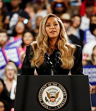 Singer Beyonce speaks during a campaign rally of Democratic presidential nominee U.S. Vice President Kamala Harris, in Houston, Texas on October 25, 2024.
Mandatory Credit:	Marco Bello/Reuters via CNN Newsource