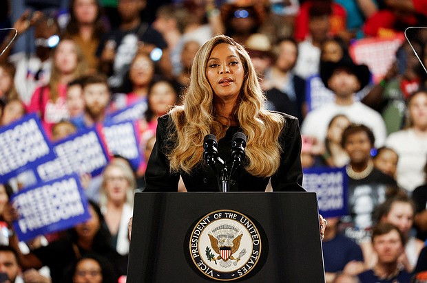 Singer Beyonce speaks during a campaign rally of Democratic presidential nominee U.S. Vice President Kamala Harris, in Houston, Texas on October 25, 2024.
Mandatory Credit:	Marco Bello/Reuters via CNN Newsource
