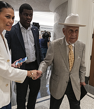 Former Gov. L. Douglas Wilder leaves a press conference Thursday, July 24, at the Virginia General Assembly Building in Richmond, where he addressed concerns about growing political interference by President Donald Trump in Virginia’s public colleges and universities.