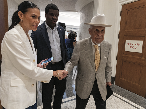 Former Gov. L. Douglas Wilder leaves a press conference Thursday, July 24, at the Virginia General Assembly Building in Richmond, where he addressed concerns about growing political interference by President Donald Trump in Virginia’s public colleges and universities.