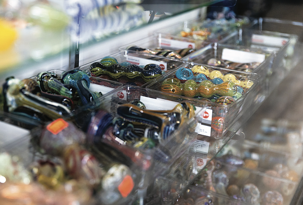 Glass pipes on display at 3 Stars Vape & Tobacco on Lakeside Avenue, pictured Wednesday, July 30. The shop is among many across Richmond area. City officials have moved to curb the spread of new tobacco and hemp retailers through stricter zoning rules.