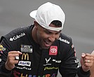 Bubba Wallace reacts after winning a NASCAR Cup Series auto race at Indianapolis Motor Speedway, Sunday, July 27, 2025, in Indianapolis.