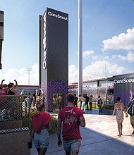 A rendering shows the CareScout Power Tower at CarMax Park, which will include an accessibility lift and a 34-foot-tall vertical LED display.