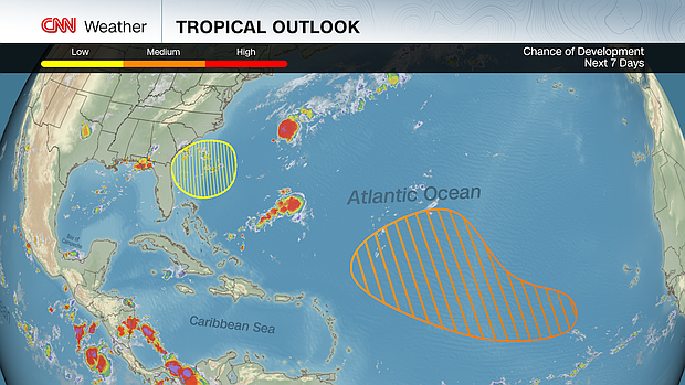 There are two areas to watch for tropical development this week in addition to Tropical Storm Dexter, according to the National Hurricane Center.
Mandatory Credit:	CNN Weather via CNN Newsource
