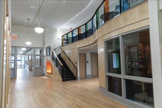 Third-floor common area and hallway outside the multipurpose room at the newly renovated William F. Fox Elementary School on Hanover Avenue in Richmond’s Fan District. The school reopens this week.